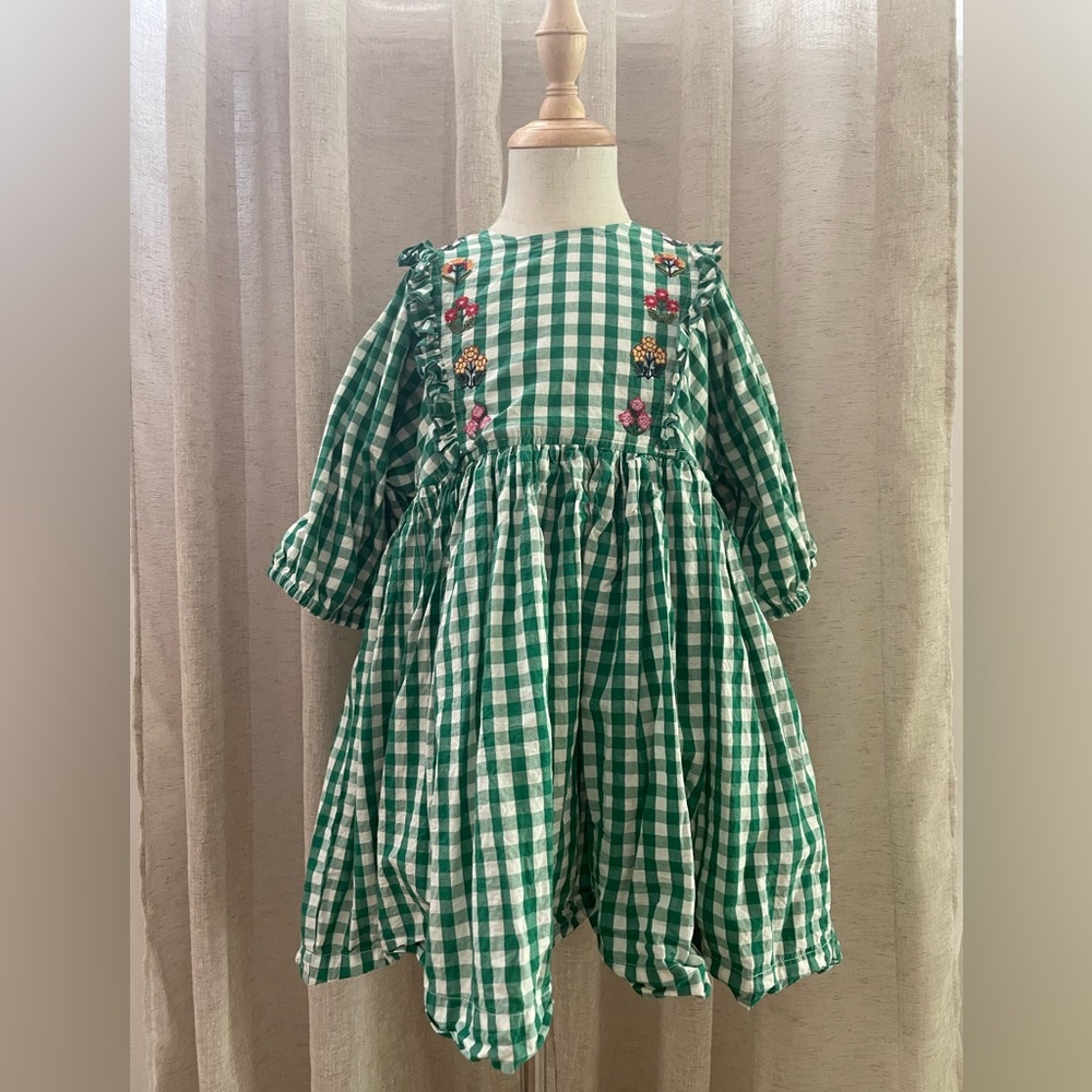 Pink Chicken 
Green Gingham Dress with Floral Embellishments